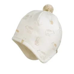 GOTS BABY-Inkamütze, Pompon Jersey bedruckt, Teddyfutter