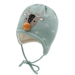 GOTS BABY-Mütze, ausgenäht Rentier-Jacquard, Teddyfutter, Minipompon