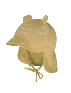 GOTS BABY-Schildmütze Musselinstoff, Nackenschutz kurz, Bindeband, Öhrchen