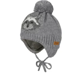 MINI BOY-Mütze, ausgenäht Intarsie Waschbär, Pompon, Futter