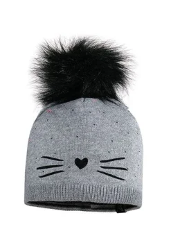 MINI GIRL-Beanie, short Flockmotiv Schnurrbart, Pompon, Futter