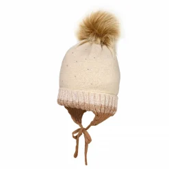 MINI GIRL-Inkamütze, Umschlag Strass, Kunstfellpompon, Vollfutter