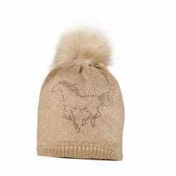 MINI GIRL-Mütze, "Pferd" Strass, Kunstfellpompon, Vollfutter